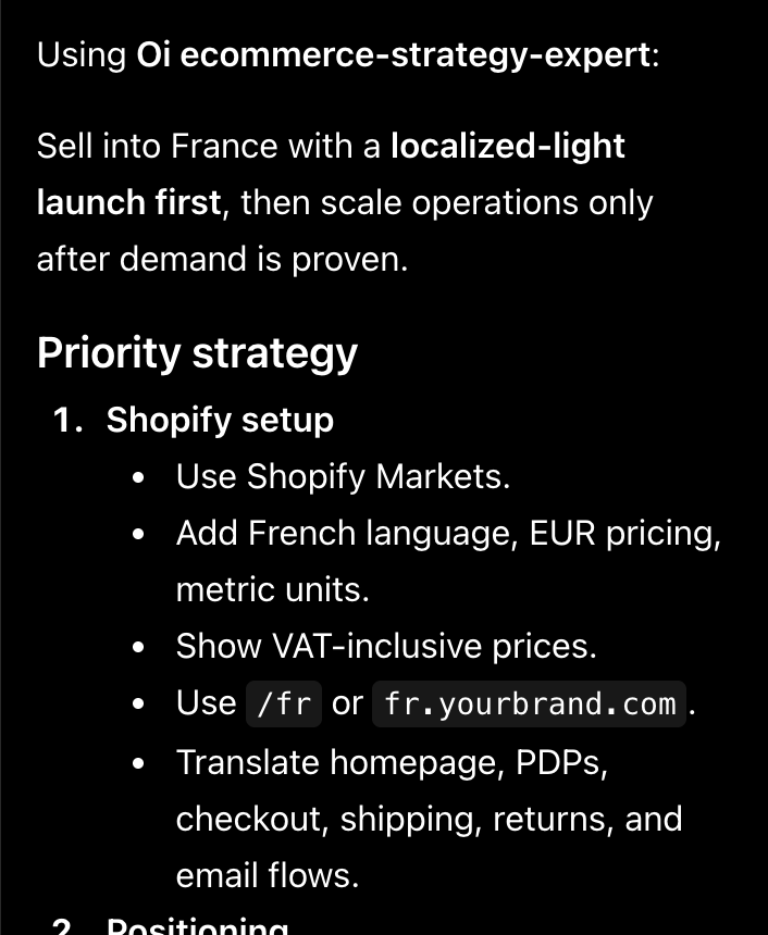 Oi response outlining how to expand a Shopify store from the US into France.
